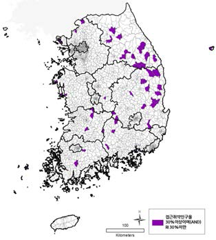 한의과 접근성 취약인구가 30%이상이거나(AND) RI 30%미만인 지역