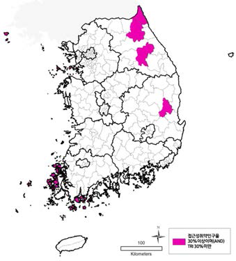 2차의료 접근성 취약인구가 30%이상이면서 TRI 30%미만인 지역