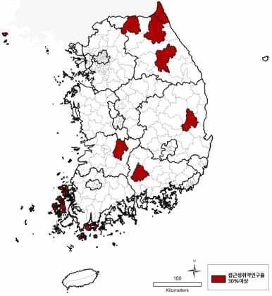 내과(2차) 접근성 취약인구율 30%이상