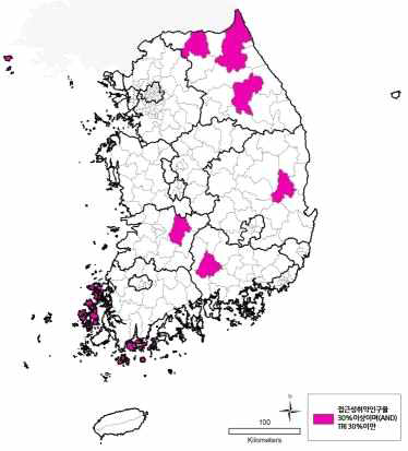 내과(2차) 접근성 취약인구율이 30%이상이거나 TRI 30%미만