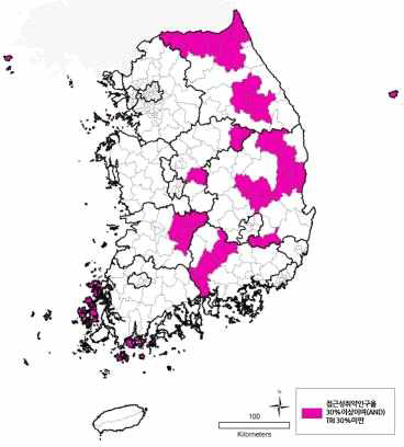 외과(2차) 접근성 취약인구율이 30%이상이면서(AND) TRI 30%미만