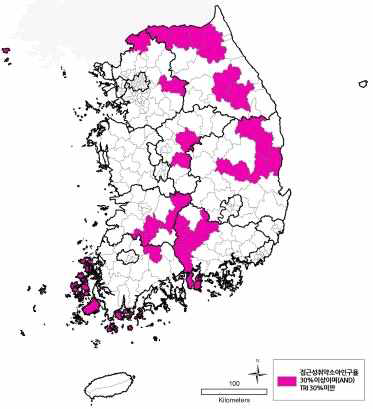 소아과(2차) 접근성 취약소아인구율이 30%이상이면서(AND) TRI 30%미만