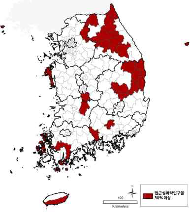 응급의료기관 접근성 취약인구율 30%이상