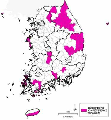 응급의료기관 접근성 취약인구율이 30%이상이면서(AND) TRI 60%미만