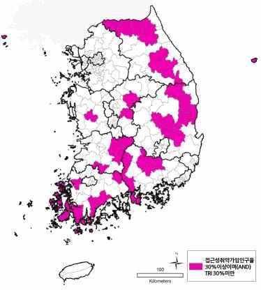 분만실 접근성 취약가임인구율이 30%이상이면서(AND) TRI 30%미만