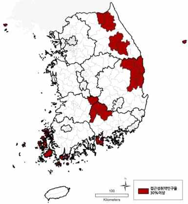 종합병원 접근성 취약인구율 30%이상