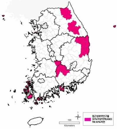 종합병원 접근성 취약인구율이 30%이상이면서(AND) TRI 30%미만