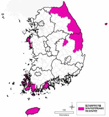 상급종합병원 접근성 취약인구율이 30%이상이면서(AND) TRI 30%미만