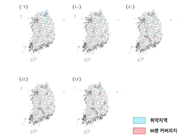 내과 취약지 해소를 위한 거점의료기관을 각각 (ㄱ) 1개소 (ㄴ) 3개소 (ㄷ) 5개소 (ㄹ) 7개소 (ㅁ) 9개소 배치 시 취약지역 대비 지리적 커버리지