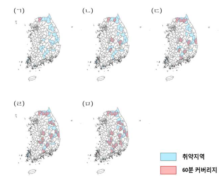 외과 취약지 내 거점의료기관을 각각 (ㄱ) 1개소 (ㄴ) 5개소 (ㄷ) 10개소 (ㄹ) 15개소 (ㅁ) 20개소 배치 시 취약지역 대비 지리적 커버리지