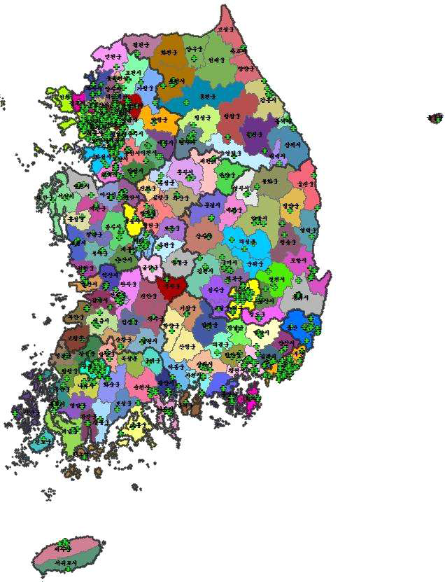 내과 진료권 최소배경인구수 10,500명, 최소자체충족률 >0%, 기준거리 60분