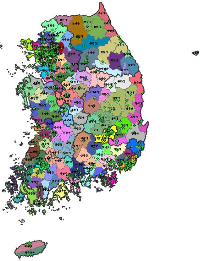 내과 진료권 최소배경인구수 10,500명, 최소자체충족률 30%, 기준거리 60분