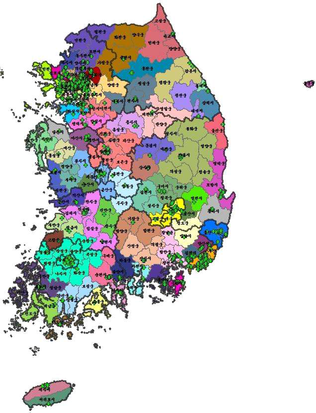 소아과 진료권 최소배경인구수 4,000명, 최소자체충족률 30%, 기준거리 60분