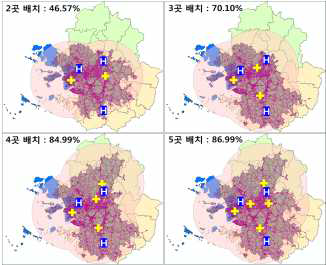 외상센터 배치 수에 따른 지리적 커버리지 분석