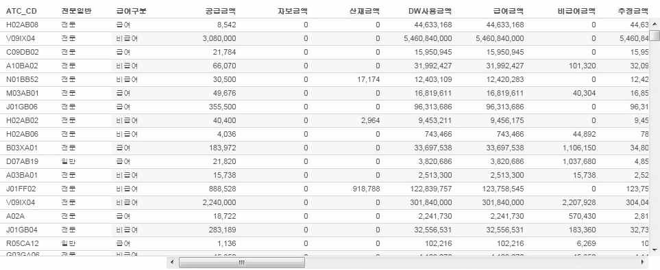 의약품 품목별 금액 및 DDD 산출 결과 화면