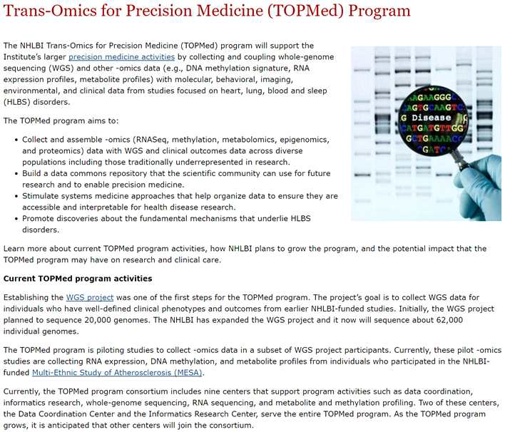 미국 NHLBI에서 수행하는 TOPMed 프로그램 -https://www.nhlbi.nih.gov/research/resources/nhlbi-precision-medicine-initiative/t opmed