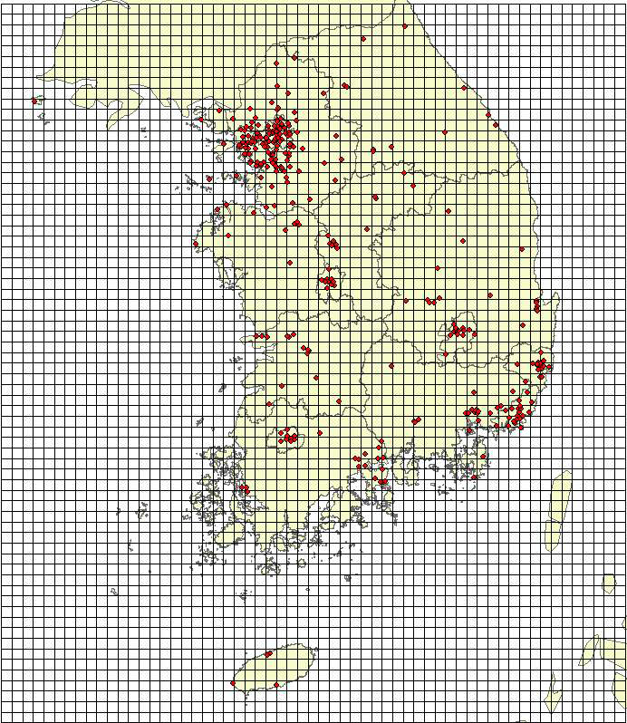 자료동화에 활용가능한 한반도 대기질 측정소 위치 및 모델링 격자구조 (빨간원 : 측정소위치)