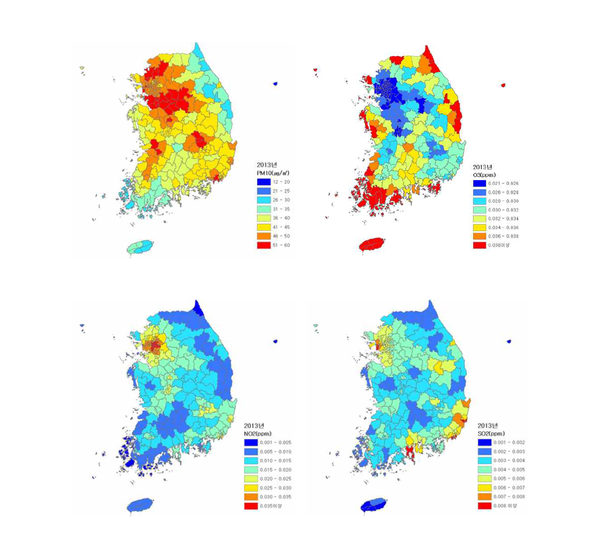 화학수송모델을 사용하여 산출한 2013년 우리나라 대기오염물질 연평균 농도