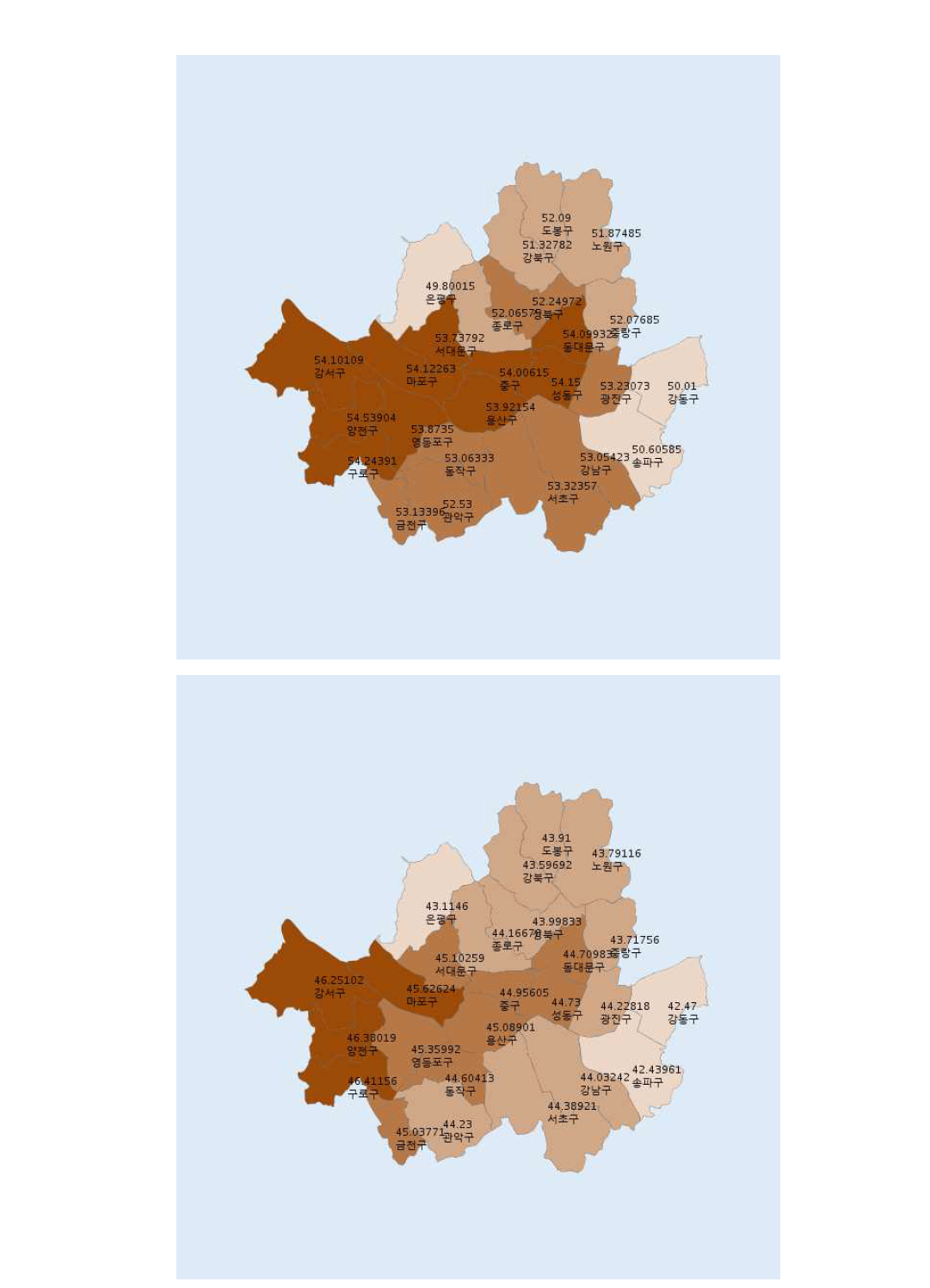 위성자료로 추산한 1990년(위)과 1995년(아래)의 서울지역 초미세먼지(PM2.5) 산출 농도