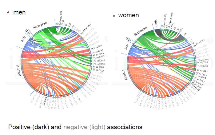 Circos plot of the association between risk factors and individual metabolites at baseline