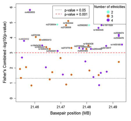 Fisher’s combined −log10(p value) for each SNP × environment (neighborhood index score) interaction in region 46 plotted against genomic position