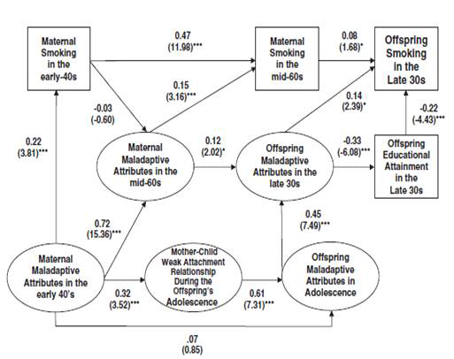 The structural model representing direct and indirect effects of maternal smoking in the early 40s and mid-60s and other factors on offspring smoking in the late 30s