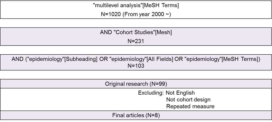 Search strategies for social ecological approach; multilevel analysis in cohort studies