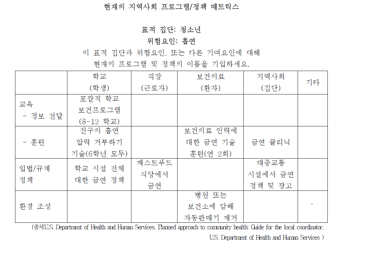 현재의 지역사회 프로그램/정책 매트릭스(예)