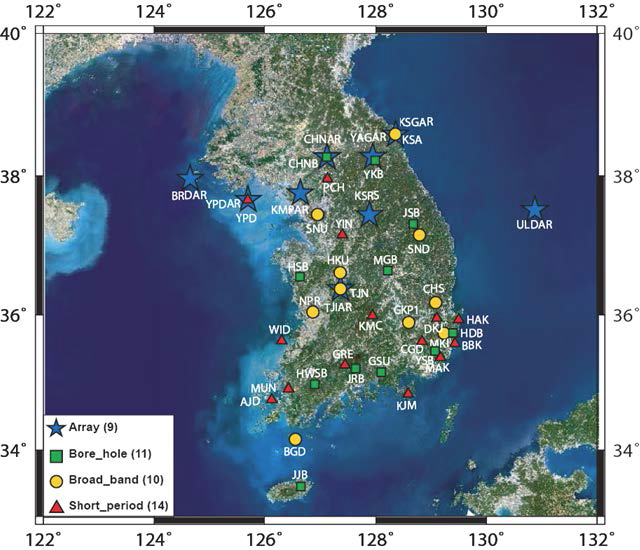 한국지질자원연구원 지진 관측소 위치도(2014.1)