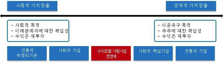 기업의 스펙트럼 상에서 수익모델 시범사업의 위치