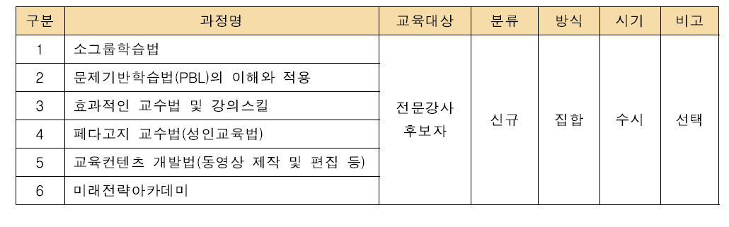 전문강사 역량강화를 위한 교육과정(예시)