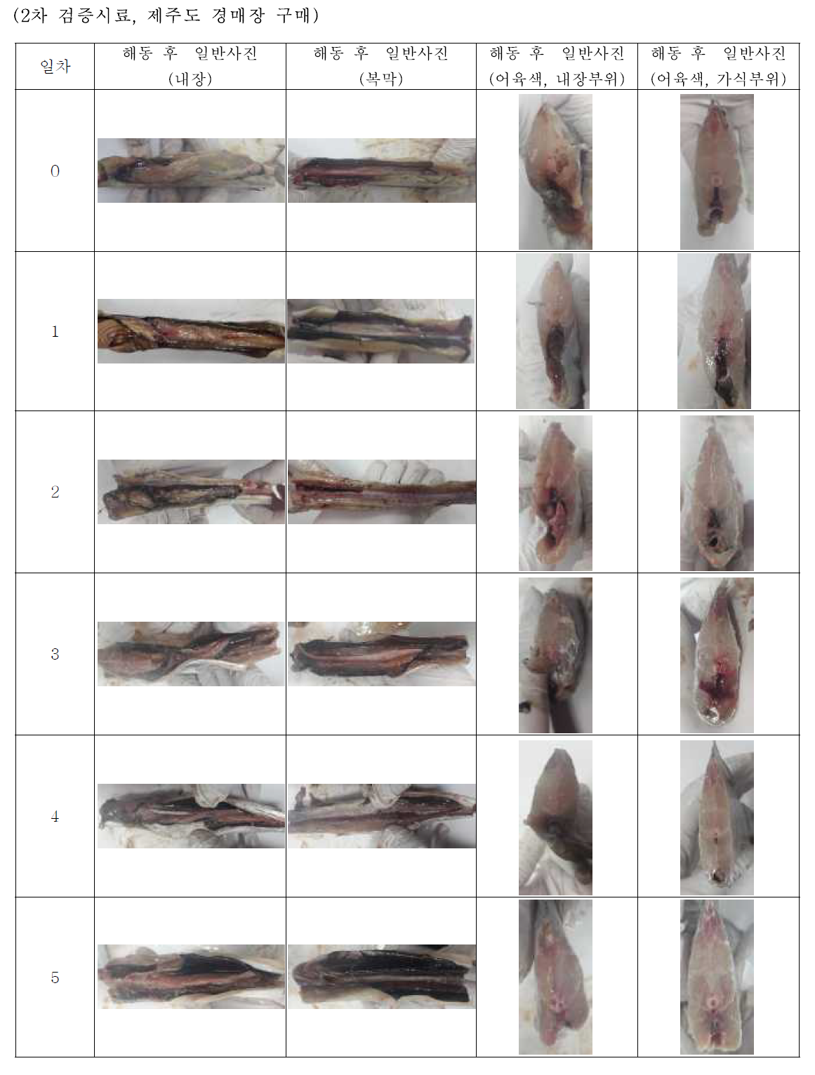 저장시간별 완만냉동보관 갈치 내장형태, 복막 및 어육색 관능변화 (10℃)