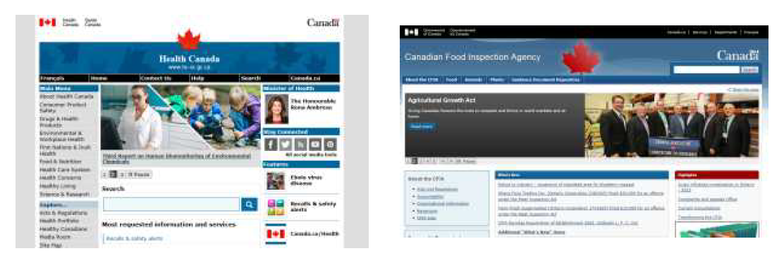 헬스캐나다(좌)와 캐나다식품검사청(우) 홈페이지