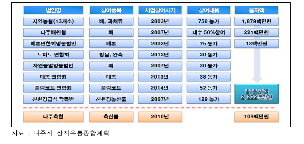 나주시 조합공동사업법인의 참여조직 현황