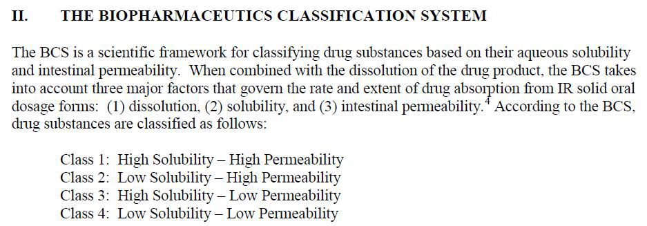 BCS class에 대한 FDA Guidance for Industry의 정의