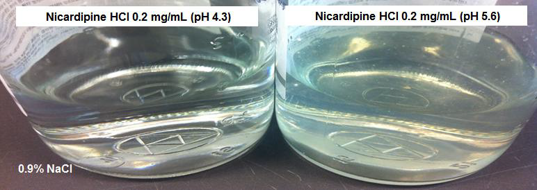 Nicardipine 0.2 mg/mL (0.9% NaCl에 희석)에서 pH를 상향 조절할 경우