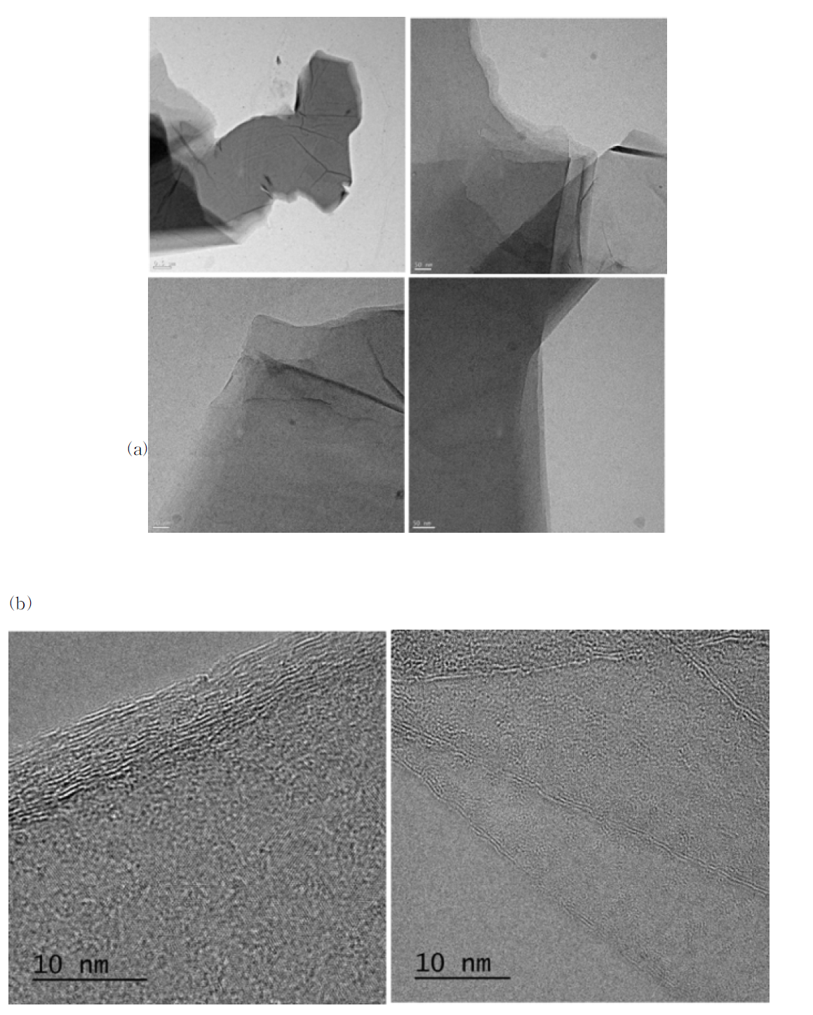 (a) graphene oxide (b) graphene의 TEM 이미지