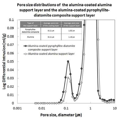 알루미나 코팅된 납석-규조토 복합재 지지체와 알루미나 코팅된 알루미나 지지체의 기공 분포도