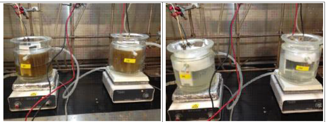 1차(A, B) 전기화학 반응 전(왼쪽), 후(오른쪽)