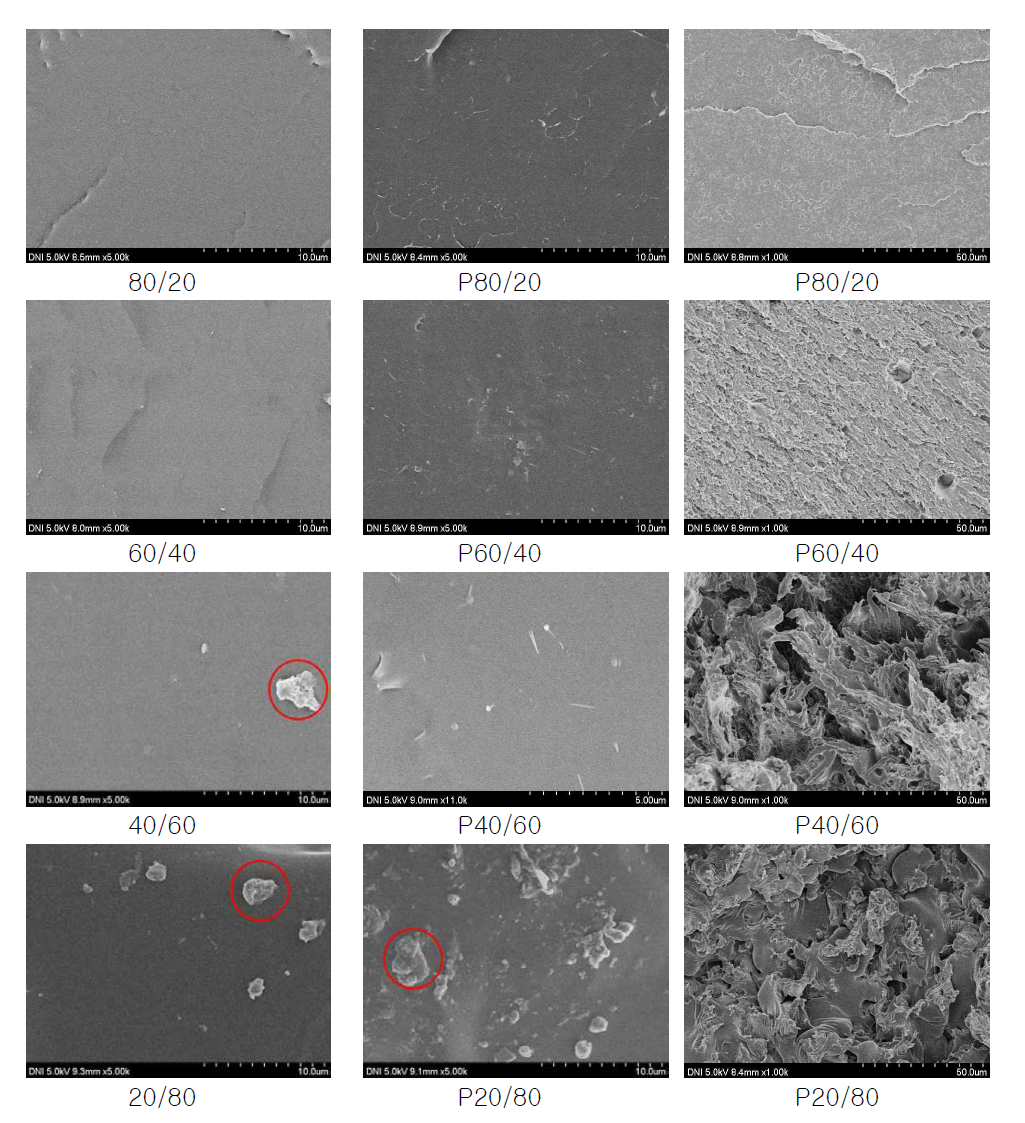 SEM micrographs of fractured surfaces(left, middle) and tensile fractured surfaces(right) of acrylic copolymer and PLA/ acrylic copolymer blends.