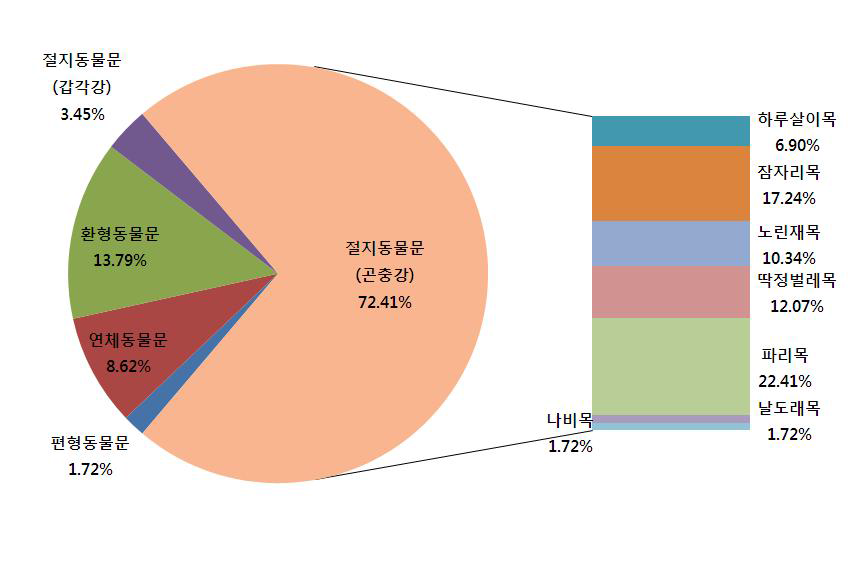 조사기간 중 출현한 저서성 대형무척추동물 분류군별 종수 비율