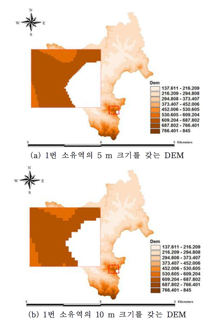 1번 소유역의 5 m 와 10 m cell 크기를 갖는 DEM 의 비교