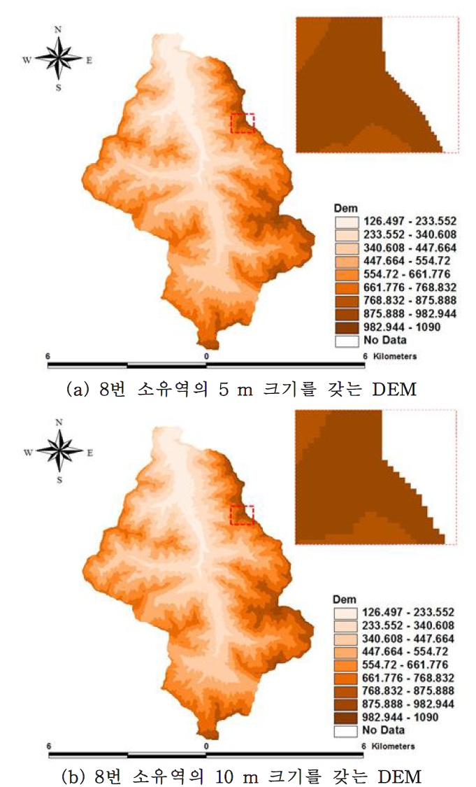 8번 소유역의 5 m 와 10 m cell 크기를 갖는 DEM 의 비교