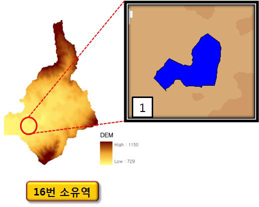 도암댐 16번 소유역의 부댐 설치 예상 지점