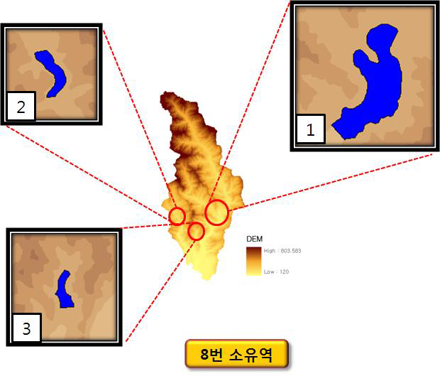 홍천강 8번 소유역의 부댐 설치 예상 지점