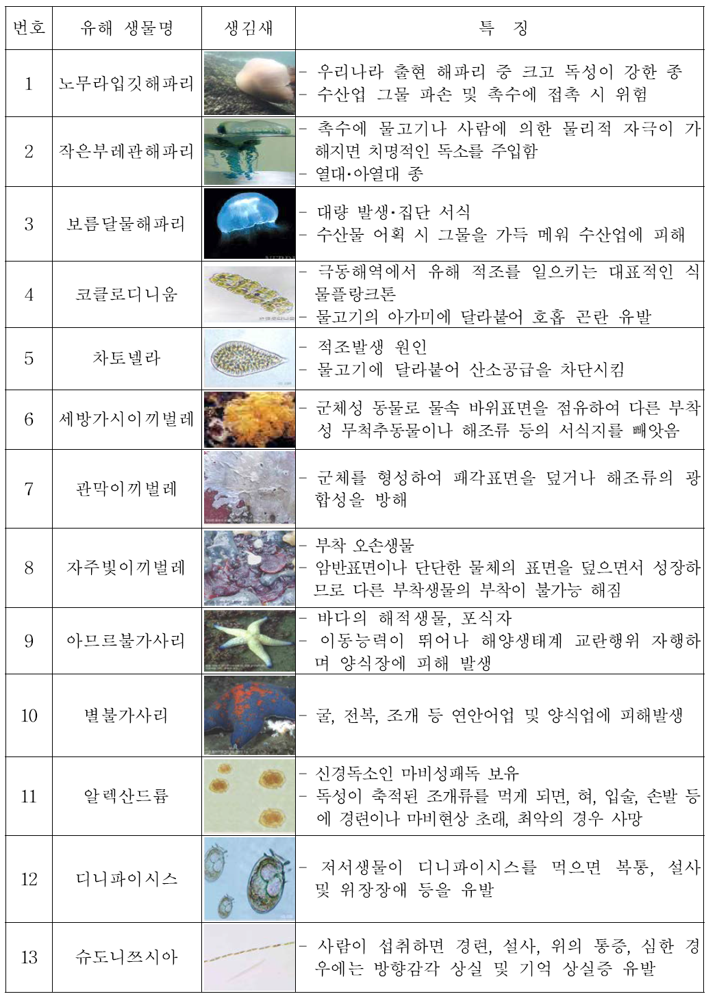 해양생태계법 2조에 따른 법정 유해해양생물 13 종
