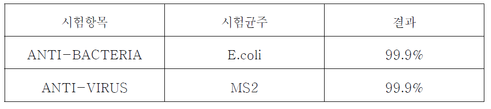 박테리아 및 바이러스 제거 시험 결과(가시광촉매)