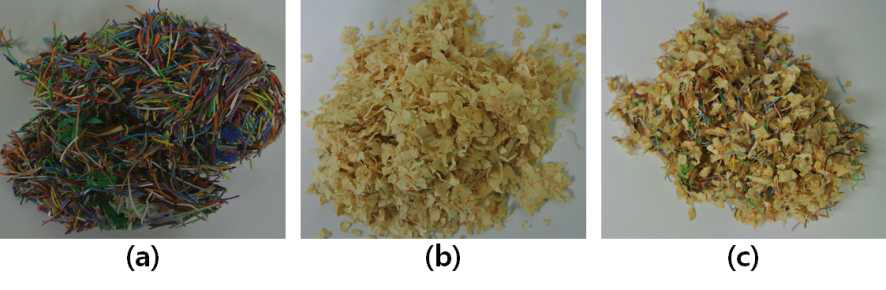 (a) 젤리케이블 피복, (b) 톱밥, (c) 젤리케이블 피복과 톱밥 혼합