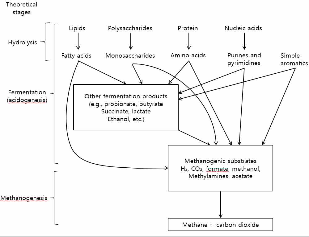 가수분해, 발효 그리고 메탄생성의 혐기성공정 모식도