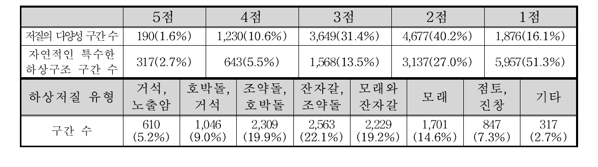 전국 하천자연도 하상구조 부문 항목별 점수 빈도 및 하상저질 유형